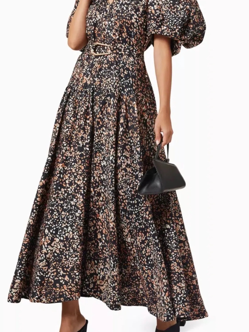 Acler Black Floral Midi Dress with Tan & Cream Speckle